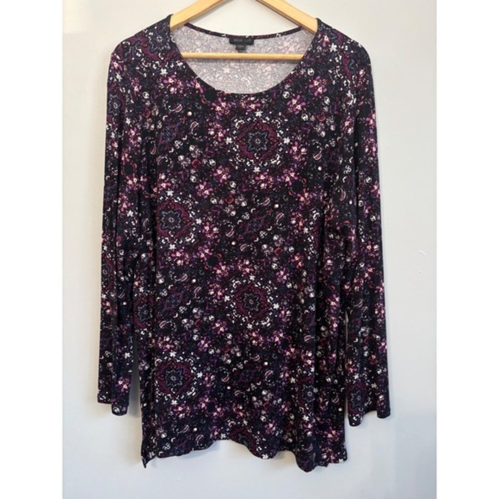 J Jill Wearever Collection Top XL Long Sleeve Floral Print Black Purple Tunic